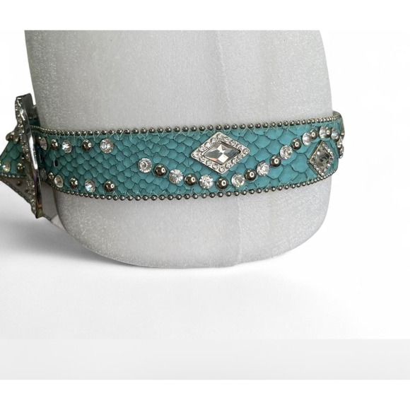 Western Teal Alligator Leather Belt Silver Stud Crystal Rhinestone Conchos Small - Picture 6 of 8